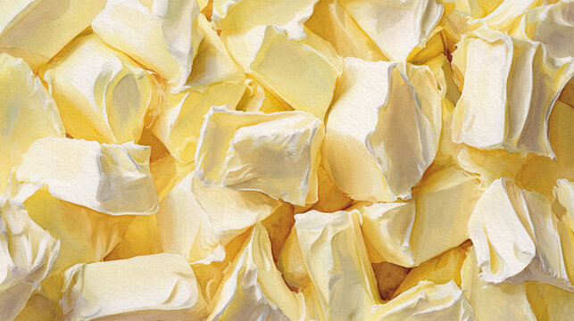 Watercolor illustration of butter chunks in full frame composition, soft overlapping butter pieces with pale yellow creamy texture and smooth organic shapes.