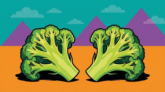 Wide Shot Broccoli Halves Facing Each Other on Flat Geometric Clip Art Landscape with Vector Outline Vegetable Illustration Hybrid Scene