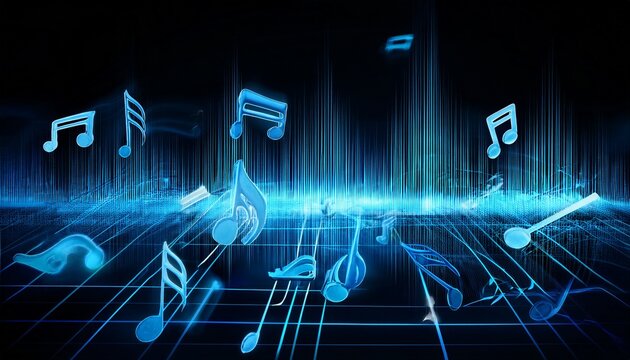 a black background with blue music notes on it