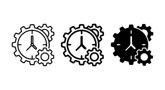 Clock Gears Icons, Time Management Symbols, Mechanical Workflow Vector Set