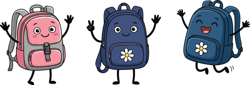 Cute cartoon school backpack mascot character set with daisy flower pink blue bags jumping happy back to school isolated on white background vector