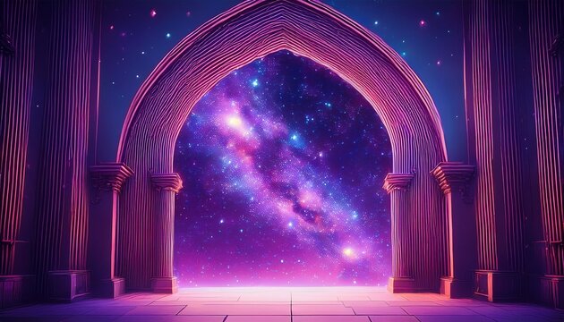 an archway with a purple nebula in the background