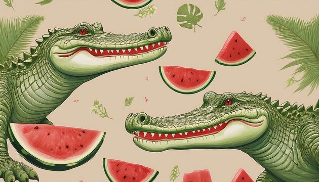 crocodiles and watermelon on a beige background