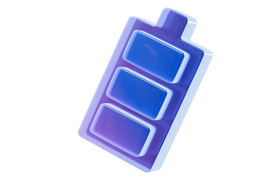 3d battery level icon. energy power status concept. purple blue battery with three glossy charge bars. isolated on white transparent background. 3d render.