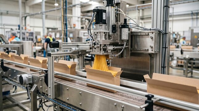 Automated factory machinery packaging spaghetti into cardboard boxes on a conveyor belt