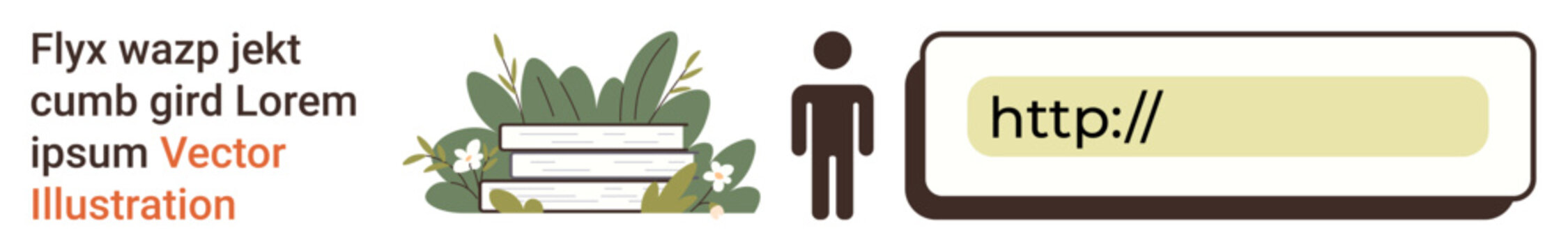 Digital technology, web development, environmental awareness. Person icon beside a website link textbox and a plant illustration. Concepts include digital technology and web development