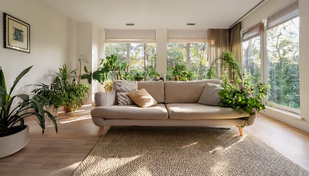 sunlit living space with large windows plush sofa and thriving indoor plants creating a serene and airy ambiance