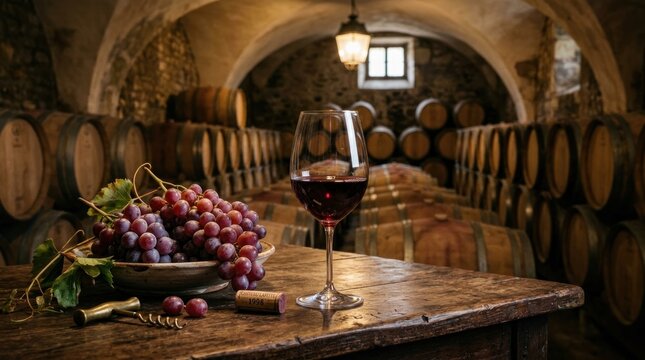 A glass of red wine sits on a wooden table in a stone wine cellar.