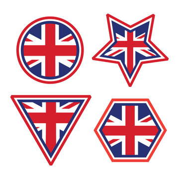 Set of United Kingdom flag badges in geometric shapes including circle, star, triangle, and hexagon. Vector UK Union Jack symbols for national holidays, British culture, and travel designs.