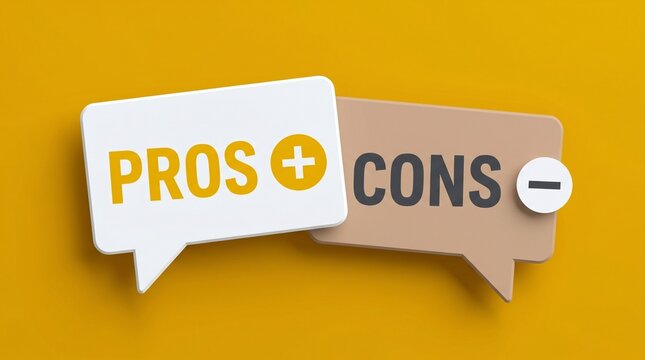 Pros and cons comparison on speech bubbles, decision making concept with plus and minus symbols, business evaluation and analysis on yellow background