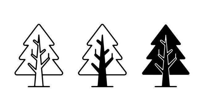 Simple Pine Tree Icons, Outline and Silhouette Vector Graphics for Nature and Forest Themes