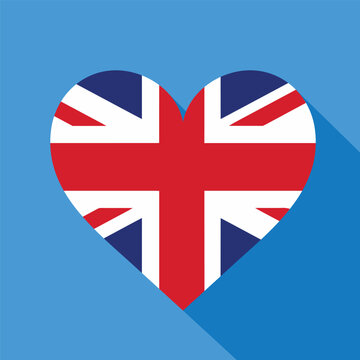 United Kingdom flag in a heart shape with flat long shadow. Vector British Union Jack heart icon isolated on blue background for travel, culture, and patriotic designs.