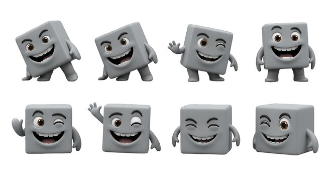 3d gray cubic characters in various poses emotions isolated on white for communication and design