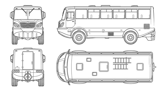 Amphibious bus transport vehicle technical drawing blueprint with front side back and top views CAD line art vector illustration
