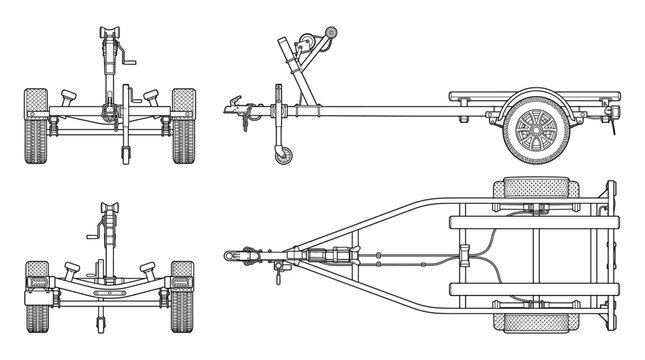 Boat trailer transport vehicle technical drawing blueprint with front side back and top views CAD line art vector illustration