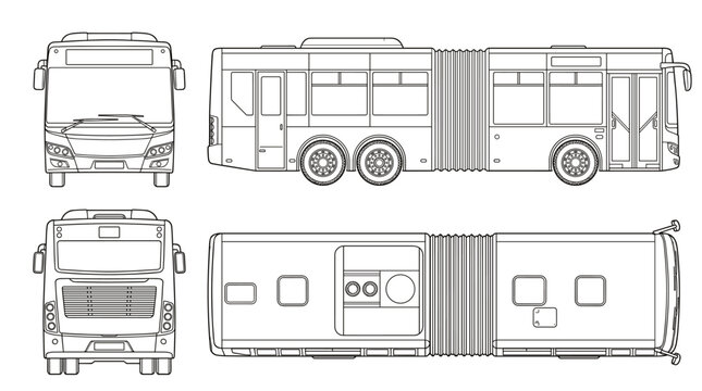 Articulated bus transport vehicle technical drawing blueprint with front side back and top views CAD line art vector illustration