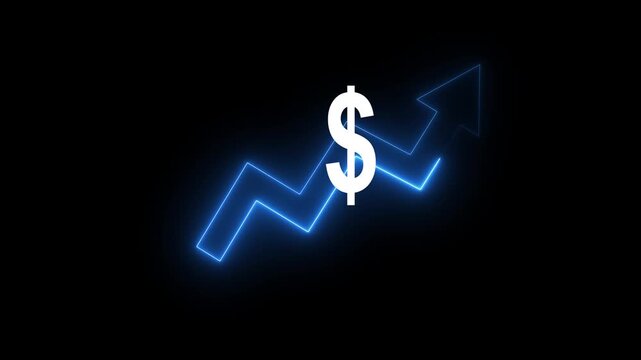 Money increases icon, dollar rate increase arrow up icon .Glowing up arrow black blackground Glowing neon line of dollar sign icon and up arrow isolated on transparent motion animation 4k video...