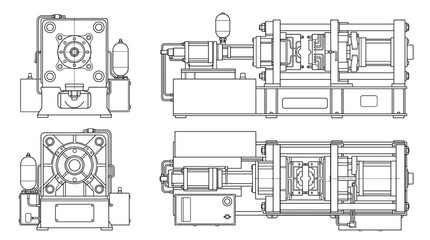 Obraz premium Die casting machine technical drawing blueprint with front side back and top views CAD line art vector illustration