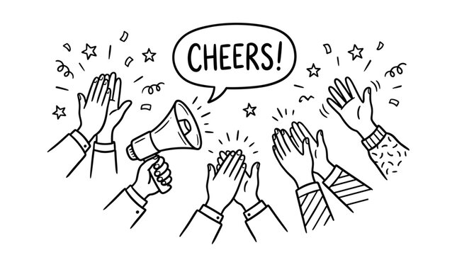 Hand drawn vector illustration of multiple clapping hands surrounding a megaphone and speech bubble with the word &ldquo;Cheers!&rdquo;. Celebration concept for congratulations, applause, success, encouragement.