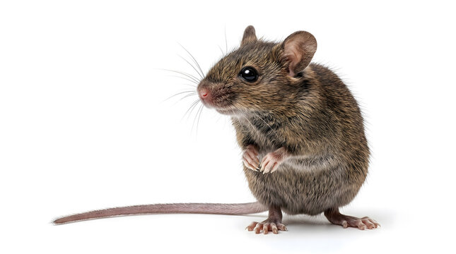 Single common house mouse with long tail and brown fur: Studio macro shot of natural rodent vector mockup