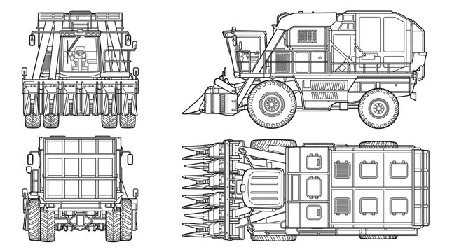Cotton picker machine technical drawing blueprint with front side back and top views CAD line art vector illustration