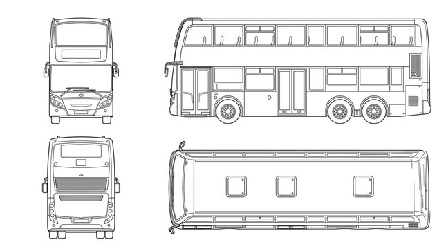 Double decker bus transport vehicle technical drawing blueprint with front side back and top views CAD line art vector illustration