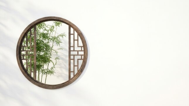 Traditional Chinese Round Window with Bamboo Garden View