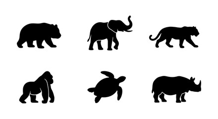 African Wildlife Silhouette Icons: Elephant, Rhino, Gorilla, Tiger, Bear, Turtle © Liza