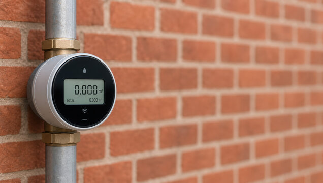 Home hvac maintenance services concept smart water meter on brick wall showing zero usage for efficient energy control and safety