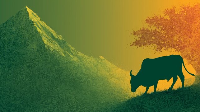Stylized Bull Silhouette Illustration With Ornate Mountain Background For Agricultural Branding And Peaceful Nature Concept