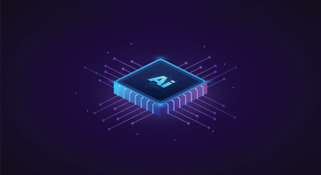 Isometric Artificial Intelligence AI Chip Illustration With Glowing Purple Circuit Lines On Dark Background For Modern Computing And Technology Concept