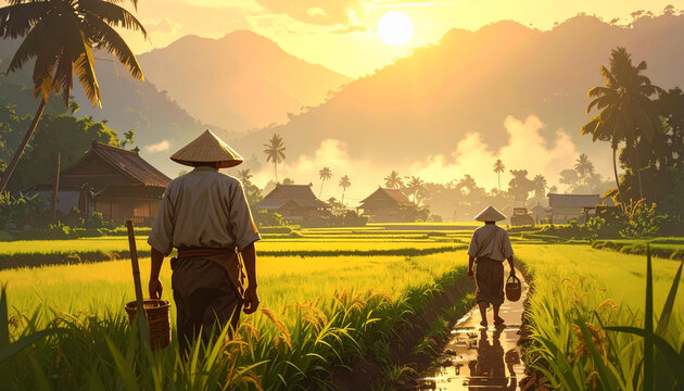 Farmers walking through rice fields