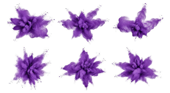 exploding purple powder against white background collection of powder bursts for creative design or visual effects use in art