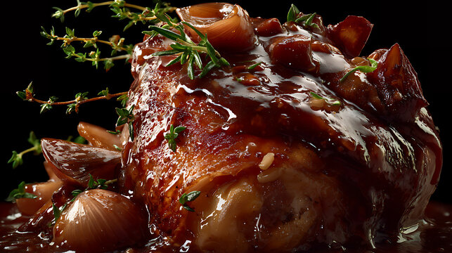 Traditional coq au vin with braised chicken, red wine sauce, mushrooms and pearl onions, classic French countryside cuisine served in dramatic rustic style