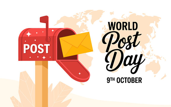 World Post Day celebration with red mailbox and yellow envelope on white background