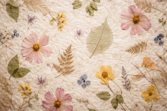 Organic mulberry paper textured with pressed dried flowers and leaf motifs