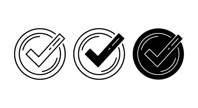 Checkmark icon set, three black vector check marks in circles, approval and success symbols