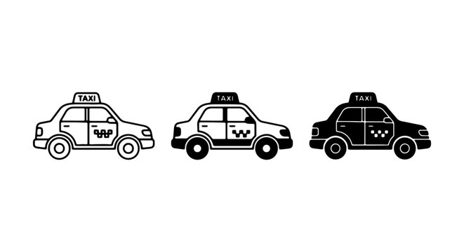 Taxi car vector icon set, urban transportation, black and white cab service graphics