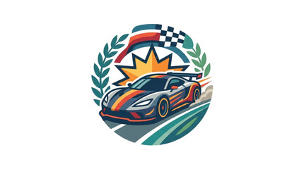 Race Car Speeding Towards Victory with Checkered Flag and Laurel Wreath. © Putra