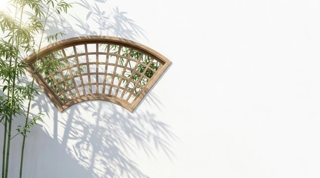 Bamboo plant with fan-shaped trellis on white wall with shadows