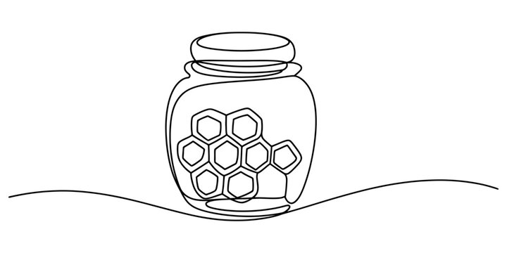 Continuous one line drawing of a honey jar with honeycomb pattern