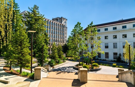 Berkeley, California - June 18, 2023: Campus architecture surrounded by green trees at the University of California Berkeley in San Francisco Bay Area, California