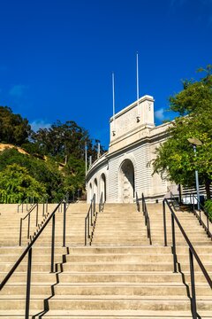 Berkeley, California - June 18, 2023: Stone facade and grand staircase leading to the entrance of the California Memorial Stadium at the University of California Berkeley.