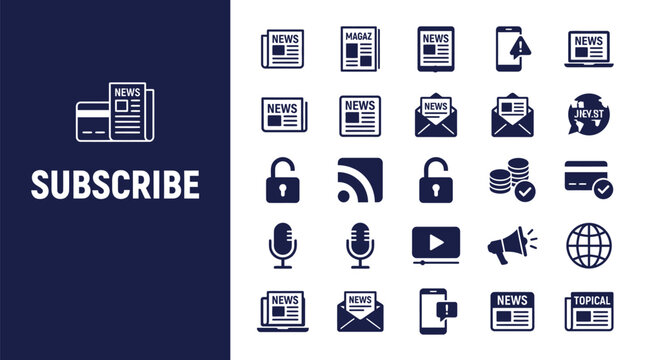 Set of digital news and media subscription service interface icons