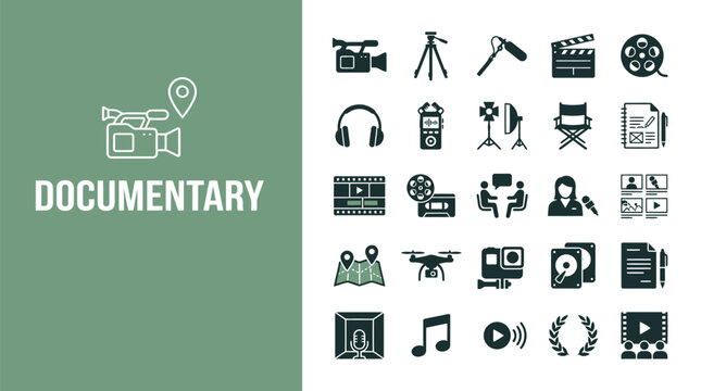 Set of icons representing the process of creating professional documentary films