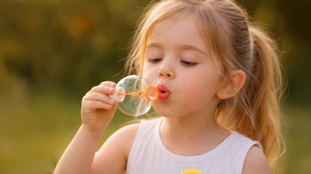 Happy little girl blowing colorful soap bubbles outdoors at sunset, capturing playful childhood joy and carefree summer fun