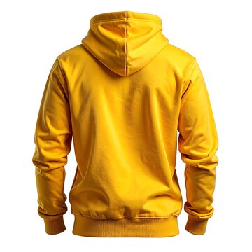 Back view of a bright yellow hooded sweatshirt, isolated on white