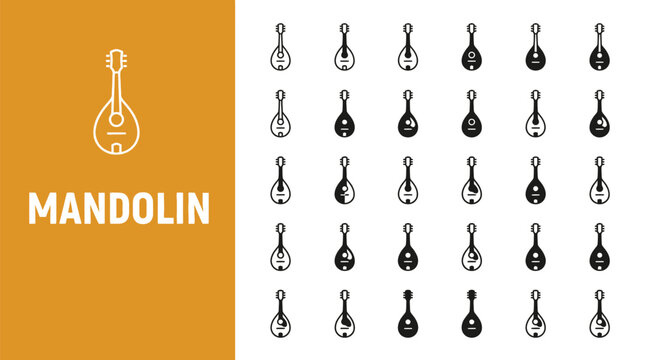 A collection of various mandolin instrument icons presented in a simple and clean graphic style