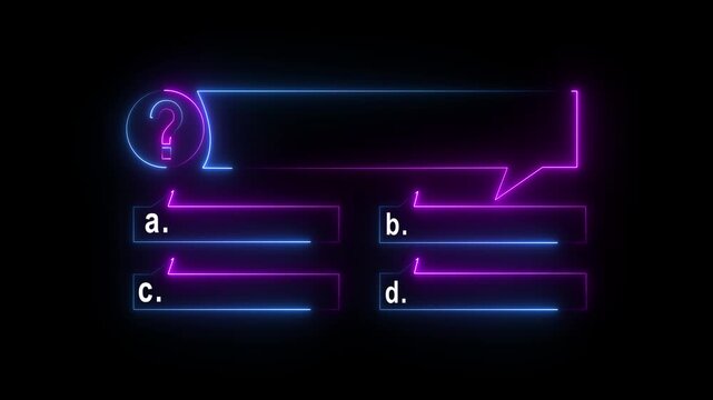 Quiz Neon Line Animation with option selection on Quiz template challenge with option selection, black blackground animation, Animated quiz question on black motion animation 4k video...
