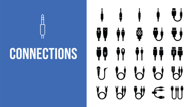 A collection of various electronic cable connectors and audio adapter icons shown in this digital photograph